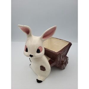 Vintage Ceramic Easter Bunny Rabbit Pulling Cart Candy Dish Spring Planter Pink
